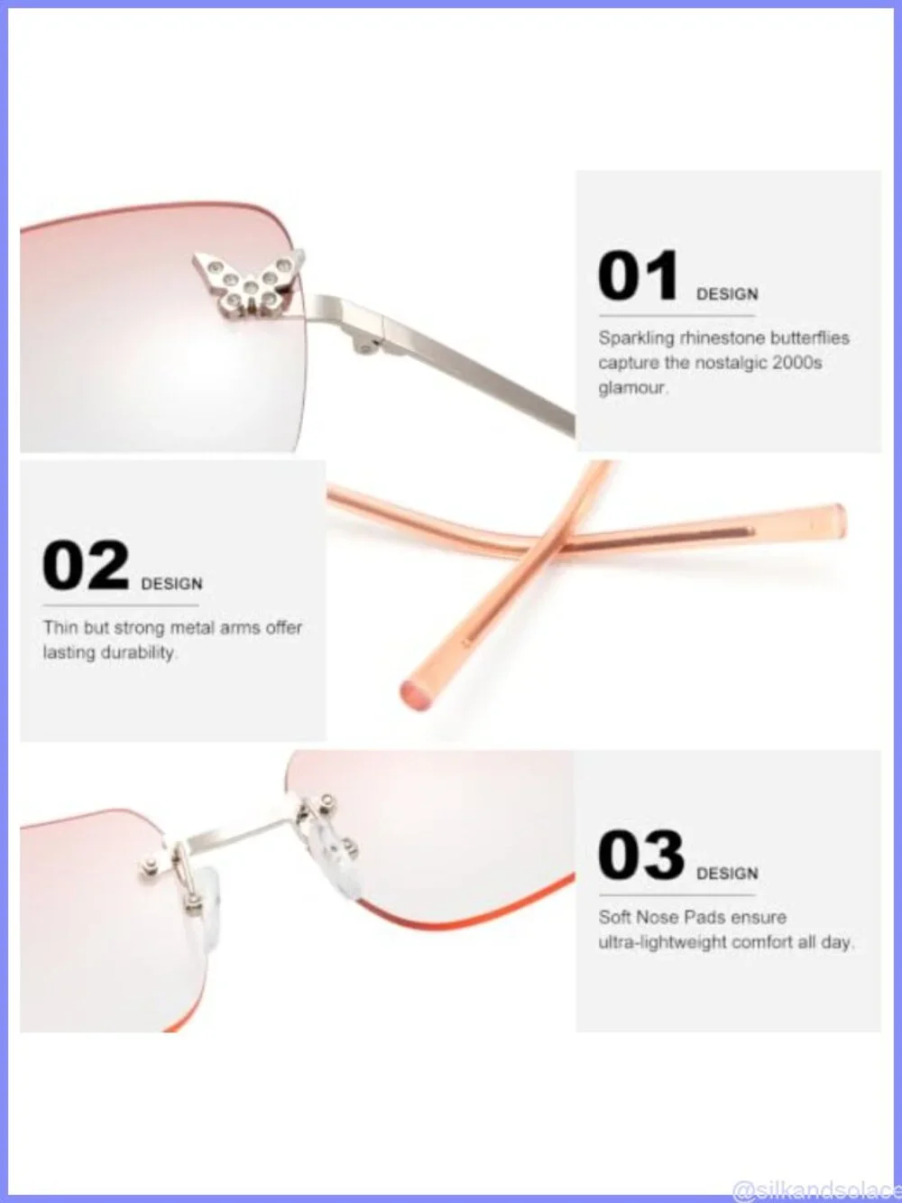 Y2K Rhinestone Butterfly Sunglasses UV400 Rimless Shield Festival